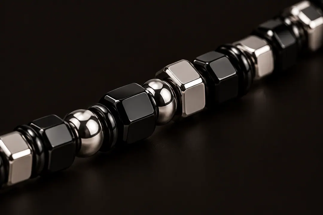 Detalhe das contas de ônix e hematita da pulseira Eclipse
