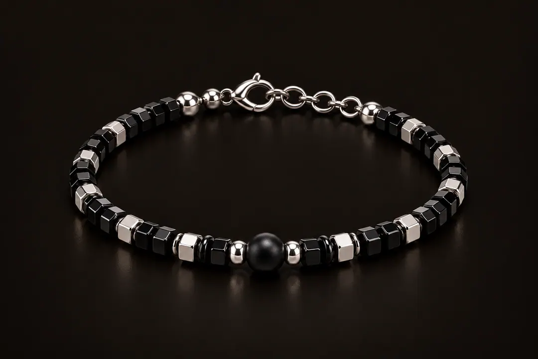 Pulseira Eclipse em ônix polido e fosco com hematita prata