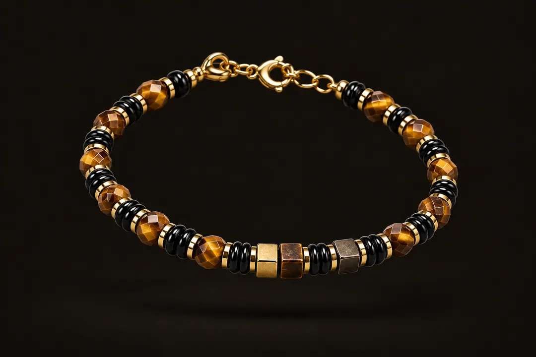Pulseira Farol em ônix e olho de tigre com acabamento dourado