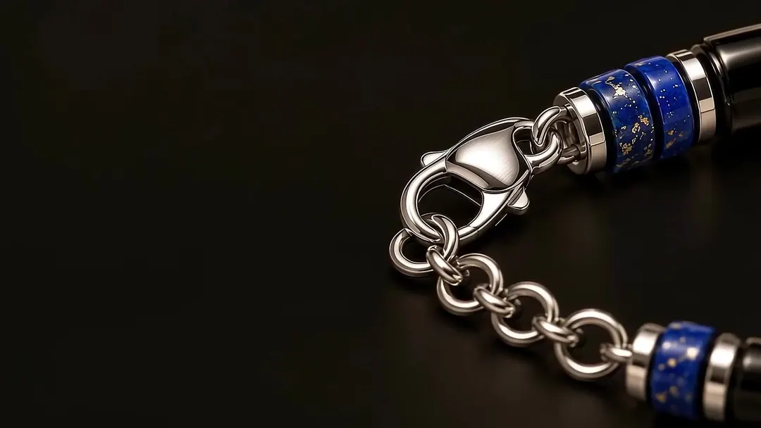 Fecho mosquetão em aço inox, acabamento prata
